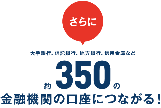 さらに・大手銀行、信託銀行、地方銀行、信用金庫など約400の金融機関の口座につながる！