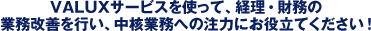 VALUXサービスを使って、経理・財務の業務改善を行い、中核業務への注力にお役立てください！