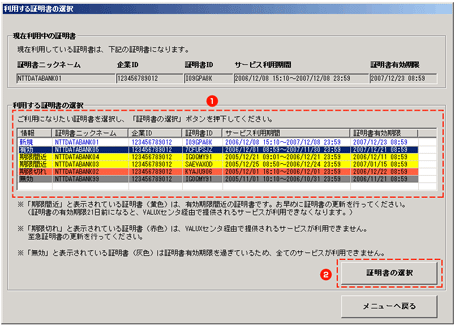 ５）「利用する電子証明書の選択」画面